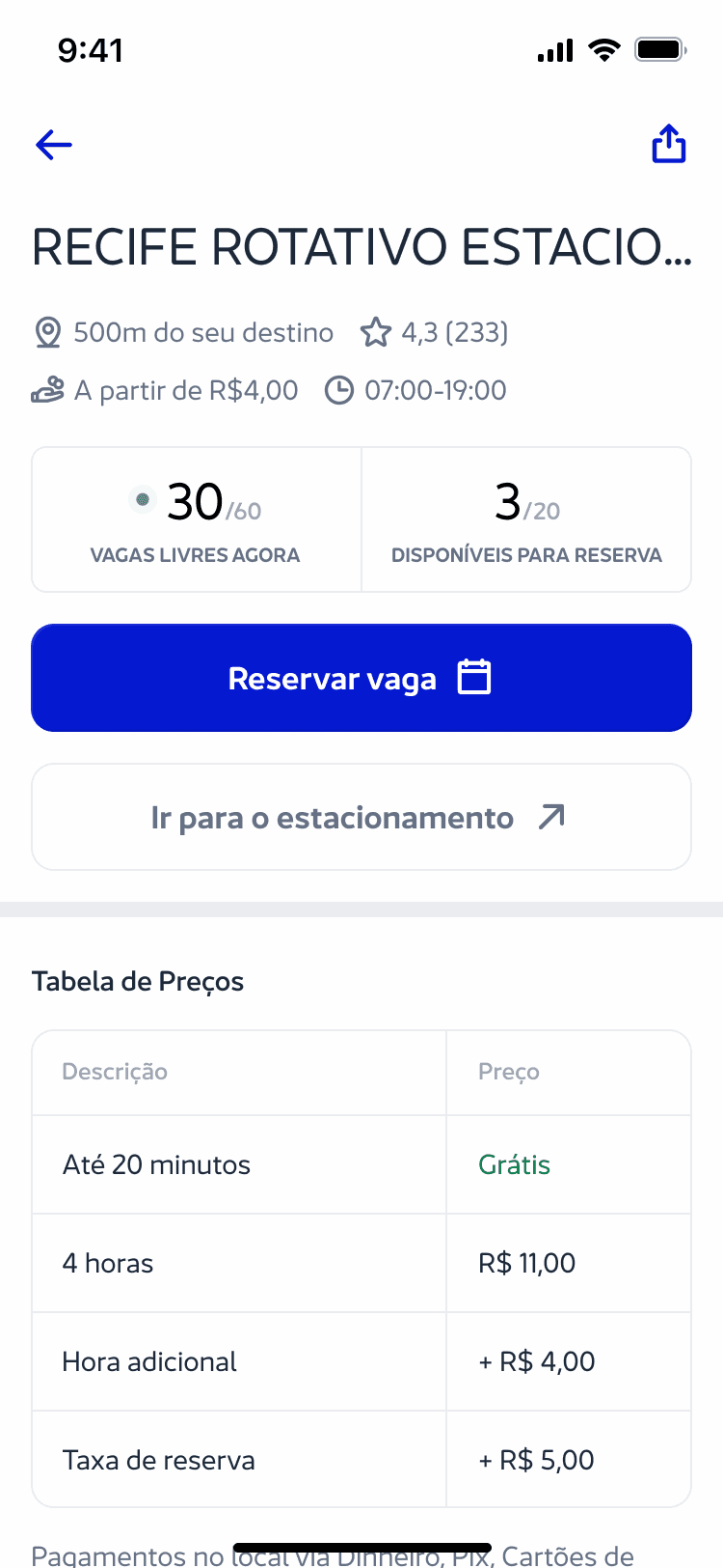 Parking detail mobile screen