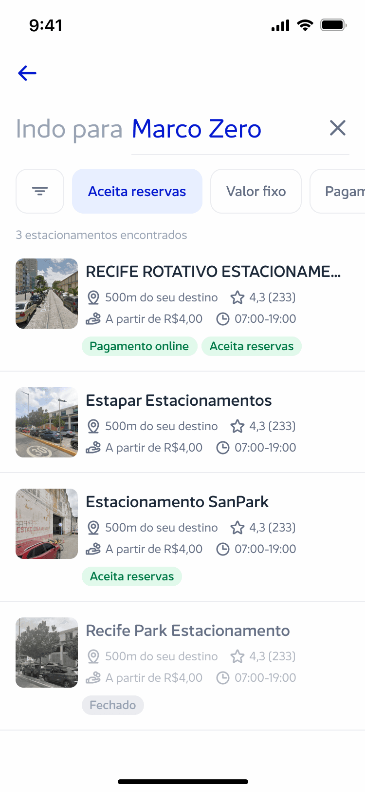 Parking search mobile screen